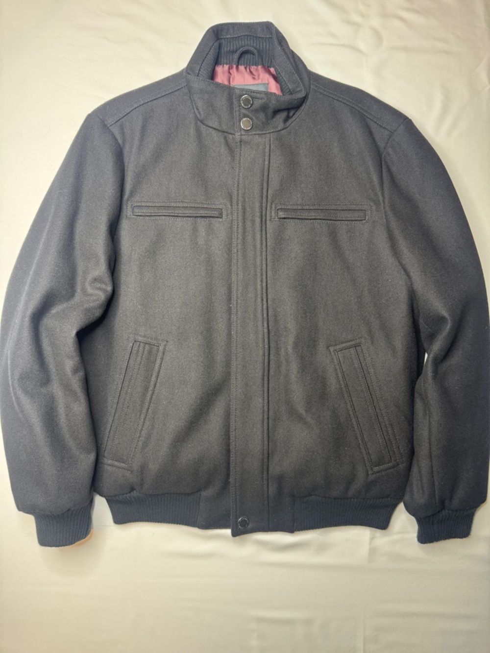 London Fog Wool Blend Bomber Jacket Black With burgundy Satin Lining Men's M